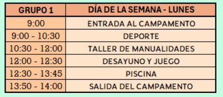 Ejemplo Horario Campamento de verano Torrejón 1